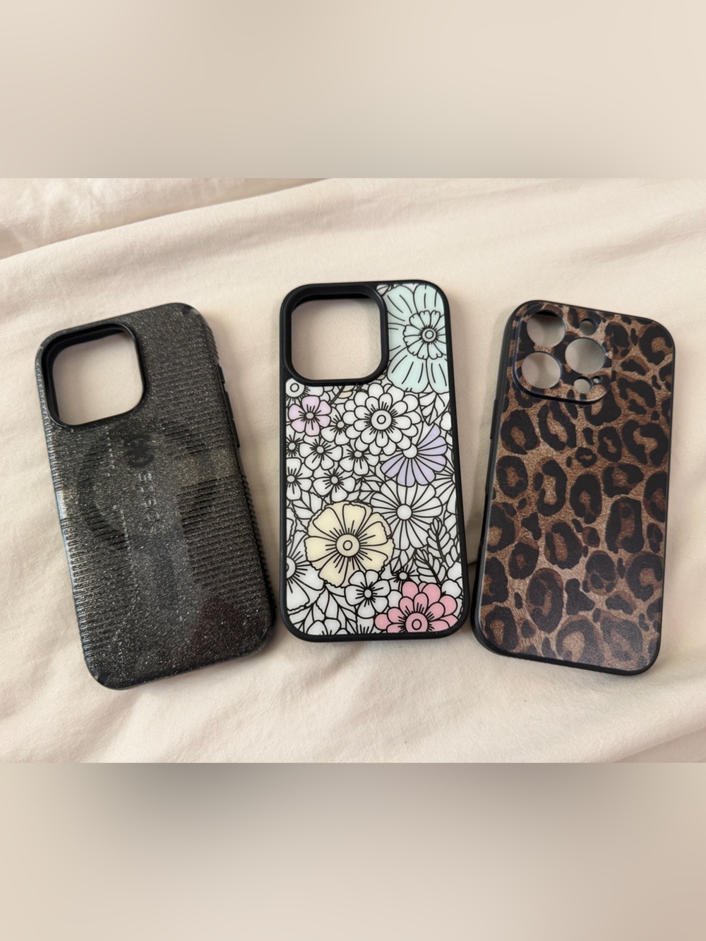 Black, Floral White, and Brown Leopard iPhone 16 Pro Case Bundle